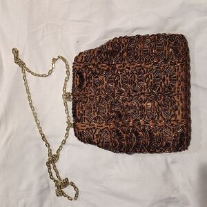 Beaded Brown Evening Wristlet with Gold Chain